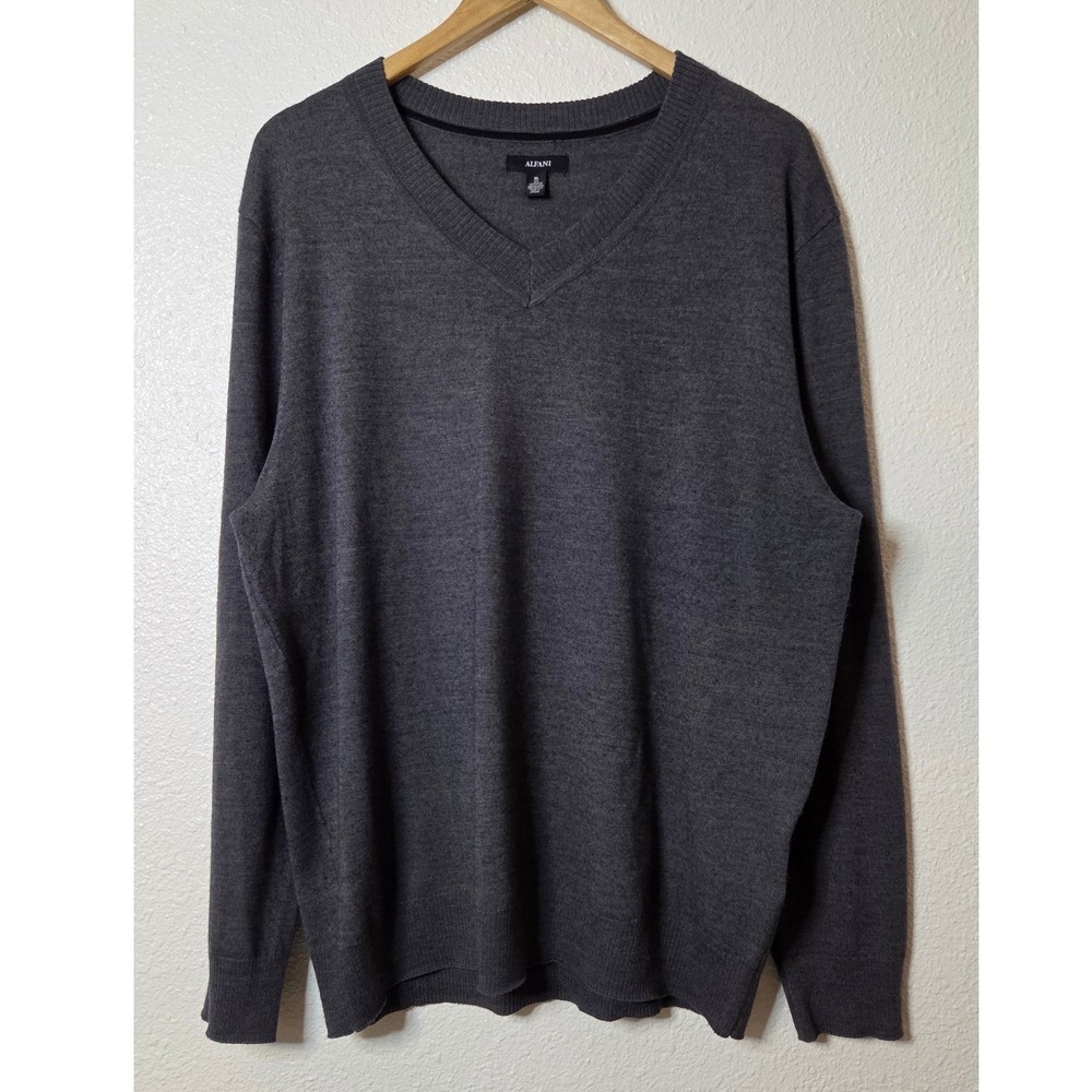 Alfani Mens Merino Wool V Neck Sweater XL Gray Minimalist Quiet Luxury